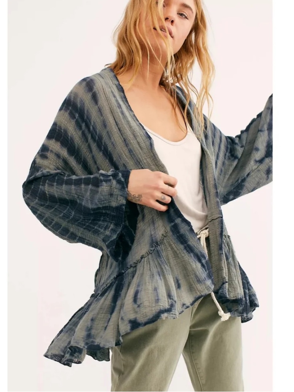 Free People One Sasha blue green tie dye kimono cardigan boho fairy beach breeze